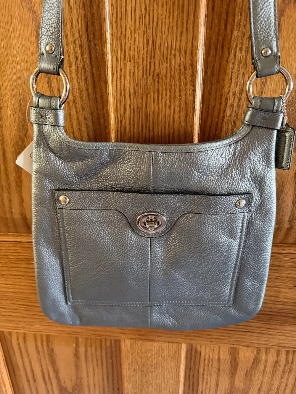 New Classic Coach Silver Pewter Leather Crossbody Bag